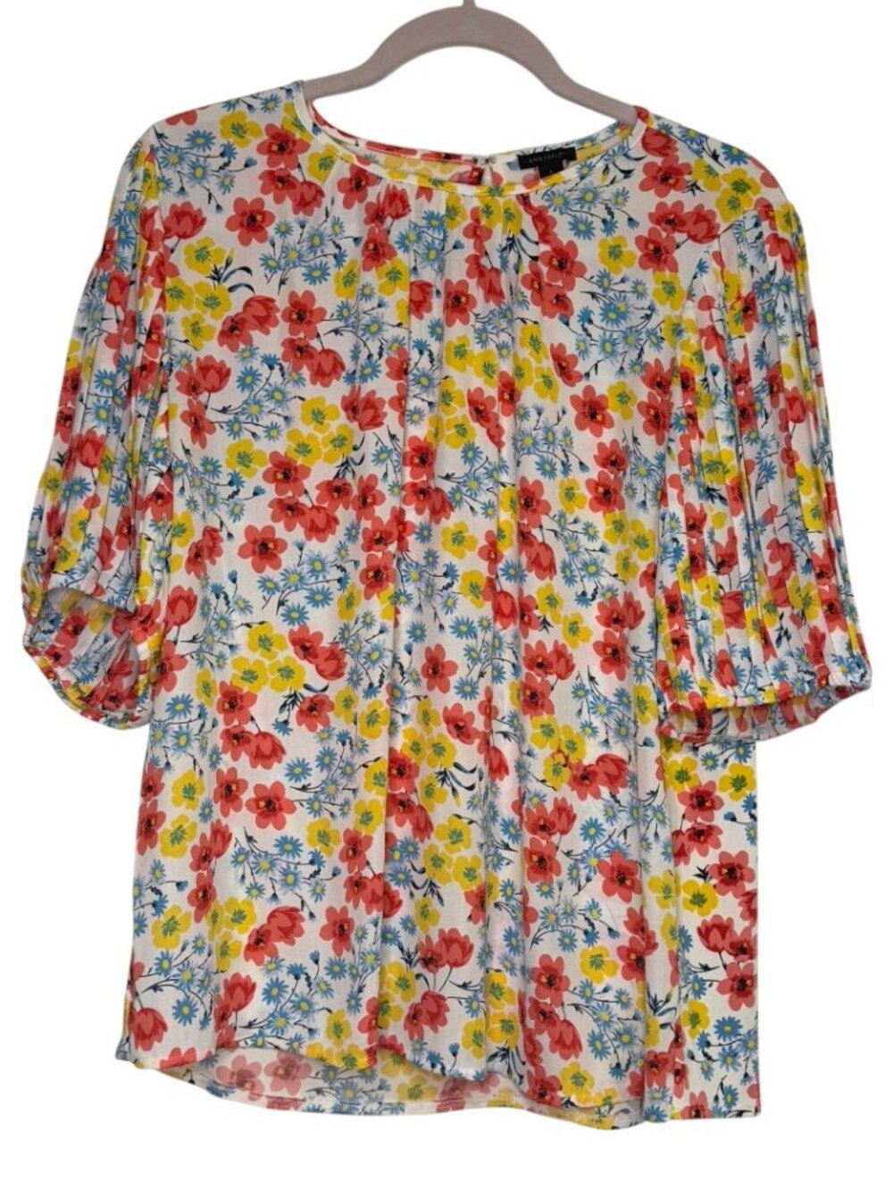 Ann Taylor Floral Pleated Sleeve Short Sleeve Top - Size Large